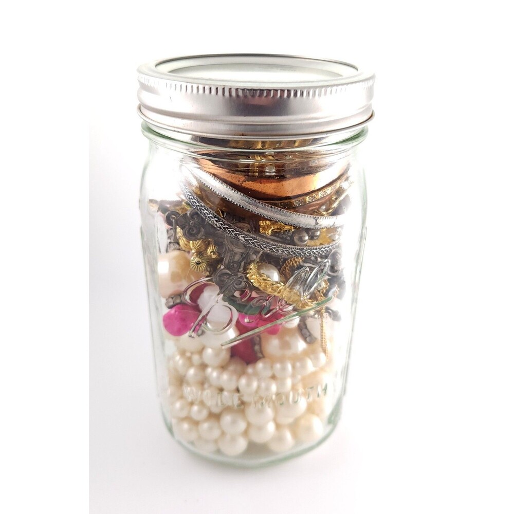 Vintage Costume Jewelry Mystery Jar Lot - Copper, Mesh Silver, Pearls - 1.38 lbs